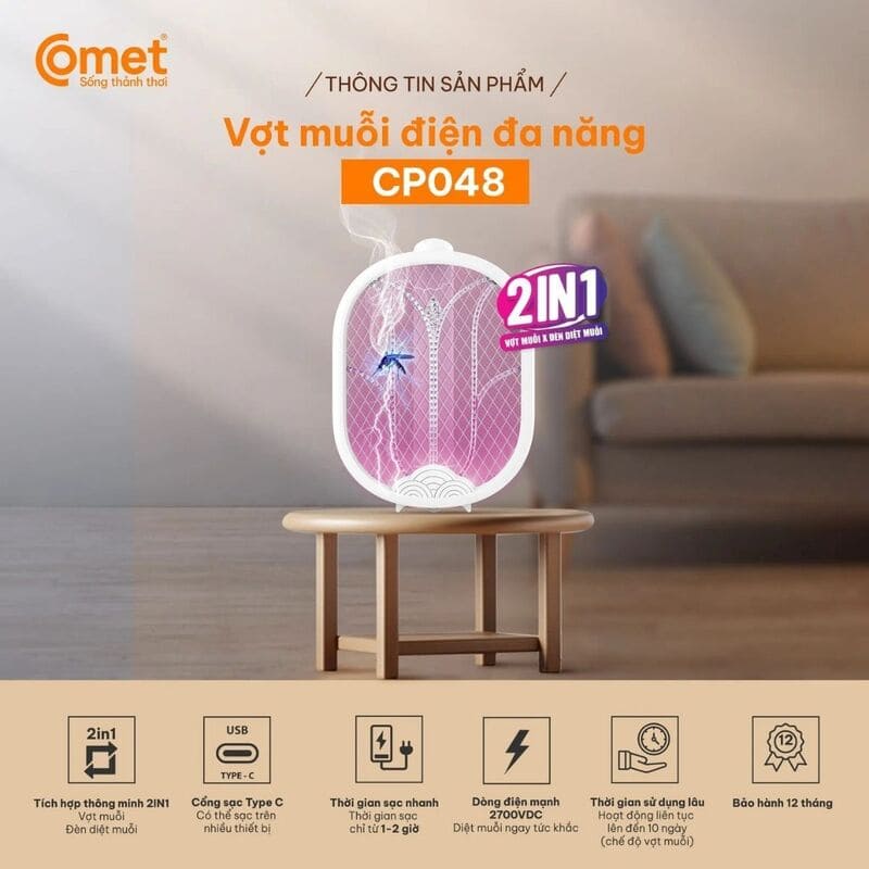 Vợt muỗi điện gấp gọn thông minh đa năng Comet CP048