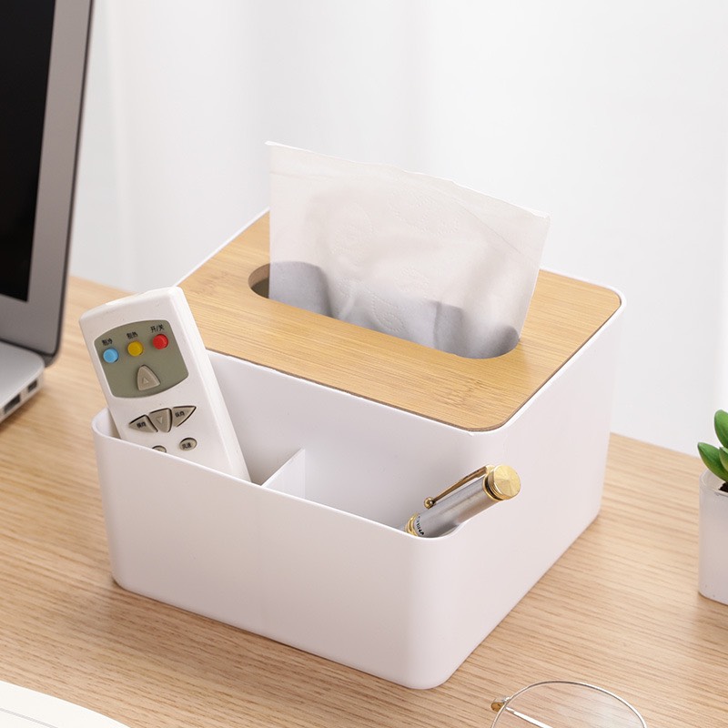 Hộp đựng giấy nắp gỗ có 2 ngăn đựng đồ để bàn