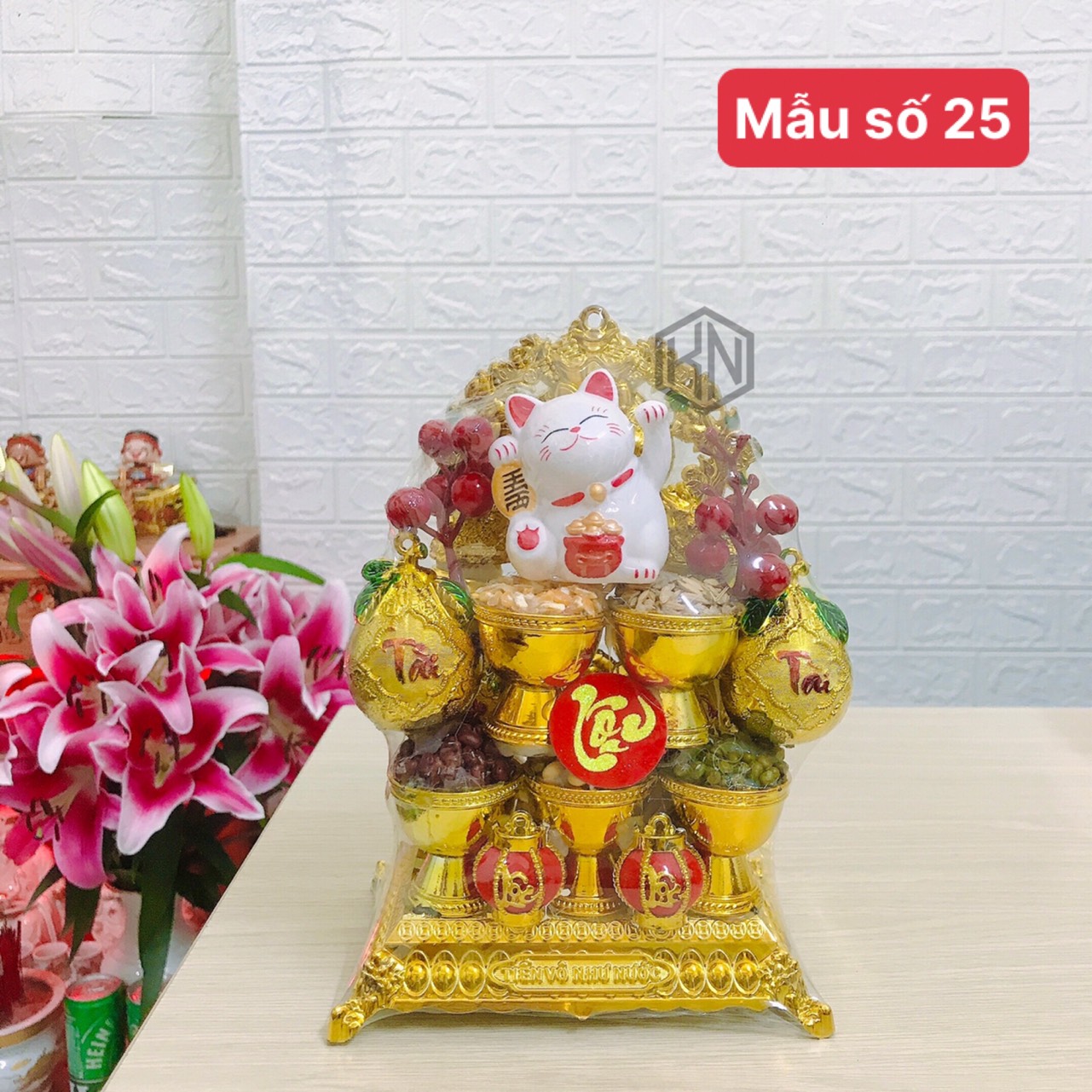 Tháp mèo thần tài túi ngũ đậu vàng chiêu tài mẫu 25