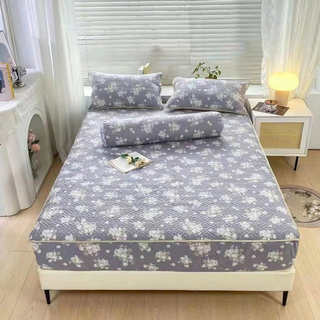 Bộ ga giường kèm vỏ gối cotton đũi Hàn Quốc thoáng mát trần bông 1m6 cao cấp