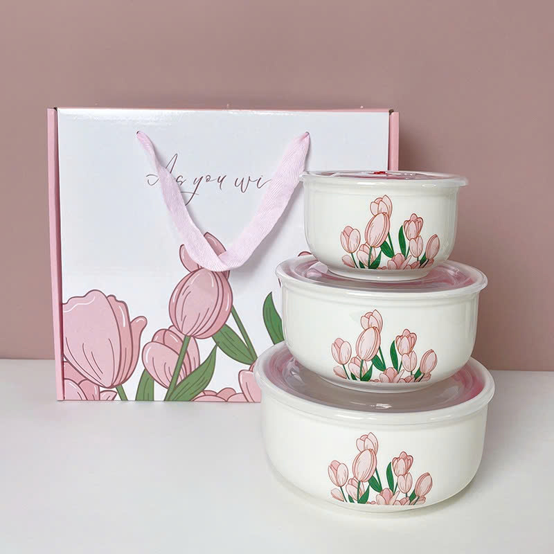 Bộ 3 thố sứ hoa TULIP có nắp hút chân không