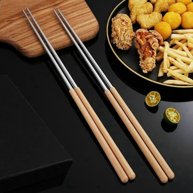 Đũa xào inox tay cầm bằng gỗ, đầu đũa thép không gỉ loại siêu dài