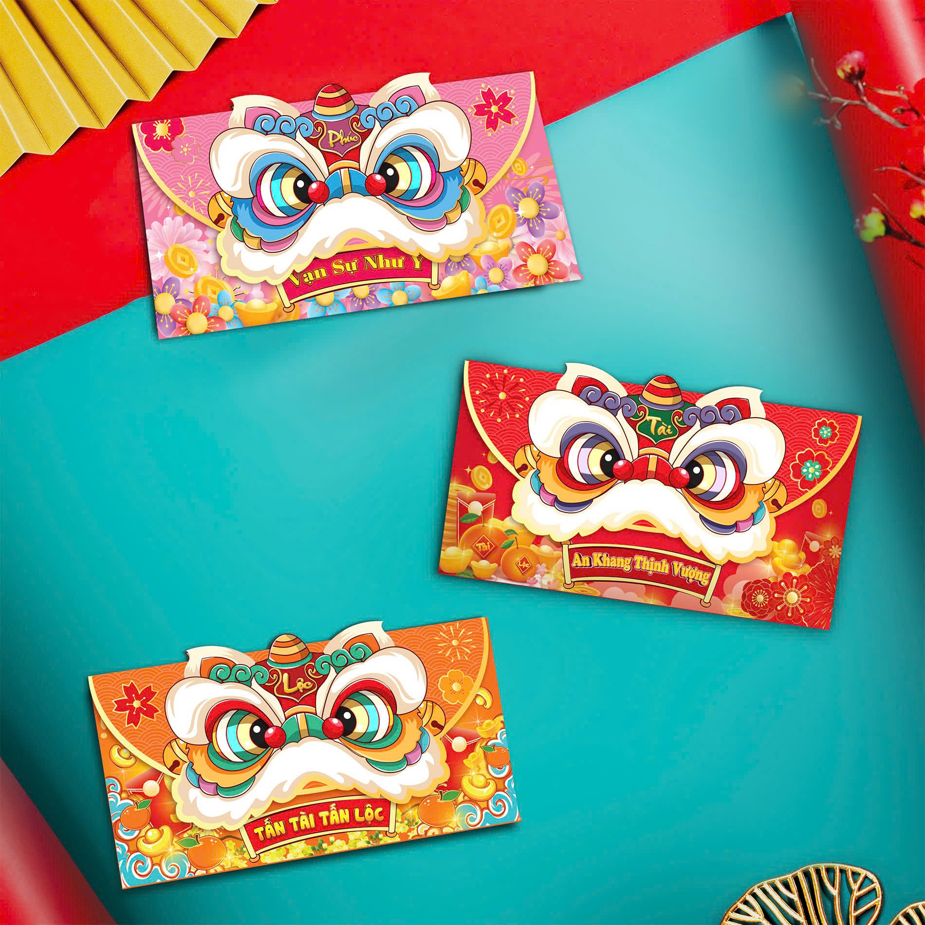 Set 3 bao lì xì ngang phong cách Trung Hoa 2025