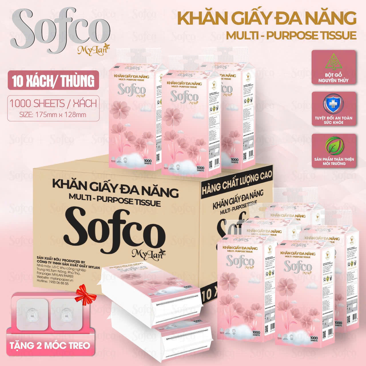Thùng 10 gói khăn giấy rút treo tường đa năng Sofco 1000 tờ