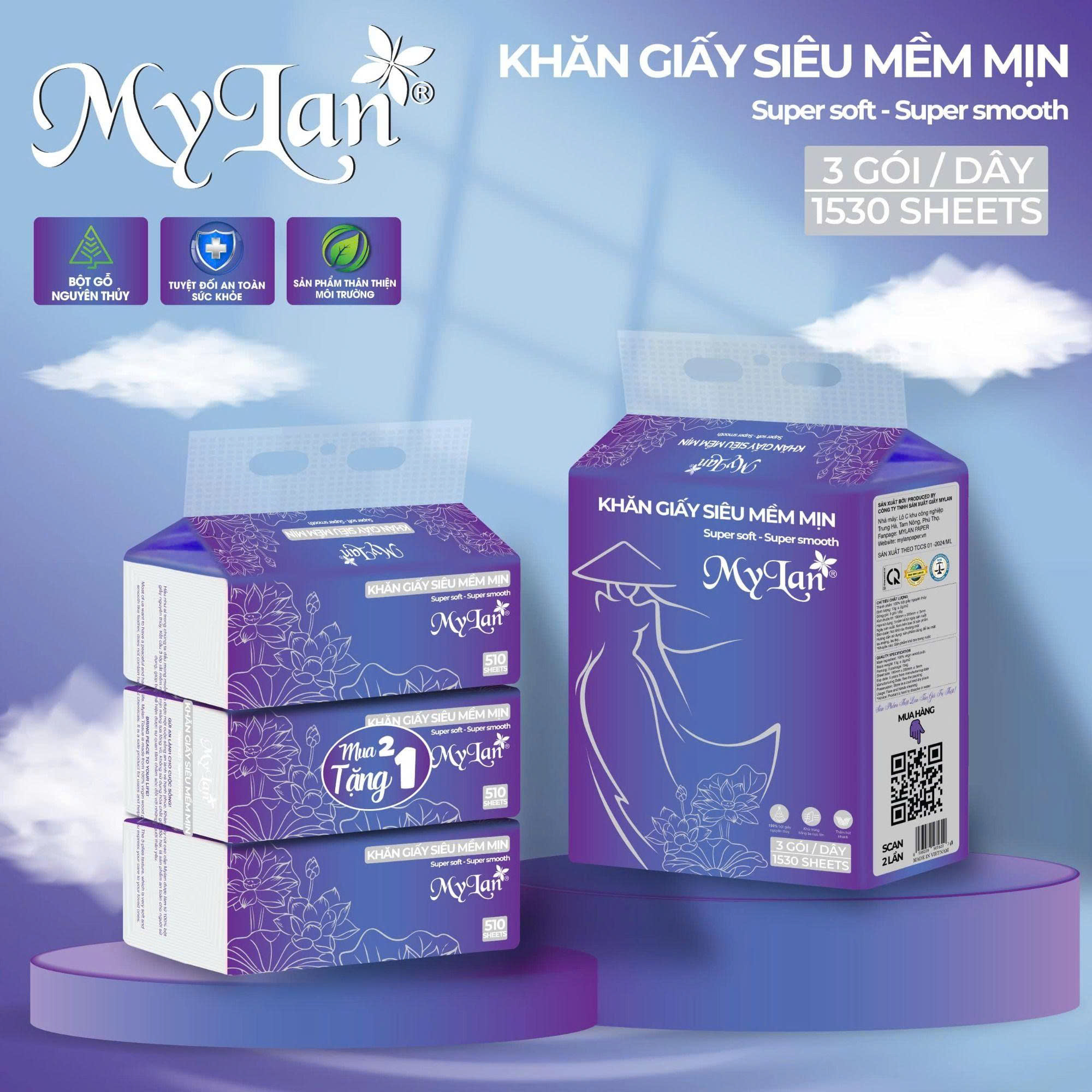 Túi 3 gói giấy rút siêu mềm mịn MyLan 1530 tờ