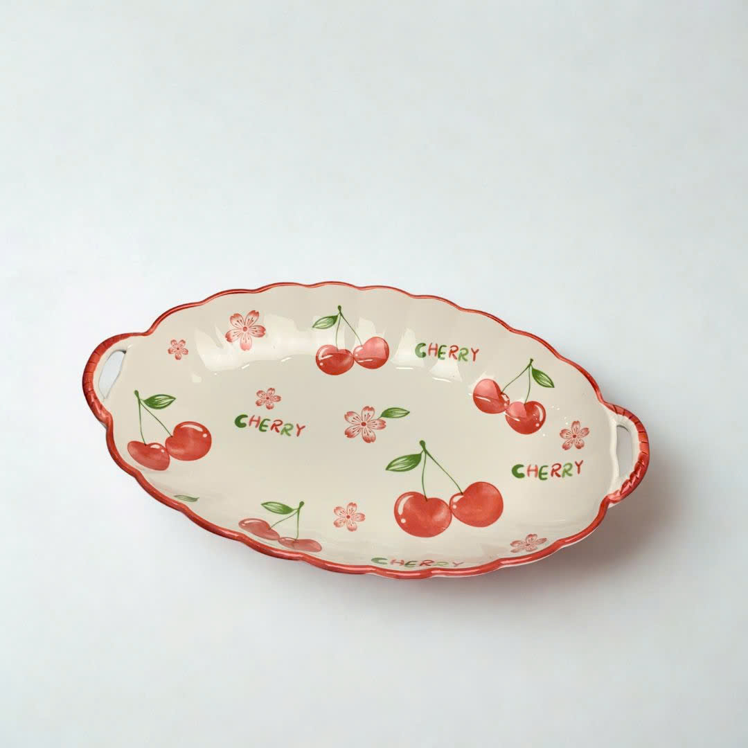 Đĩa sứ trắng hình xoài họa tiết trái cherry dễ thương