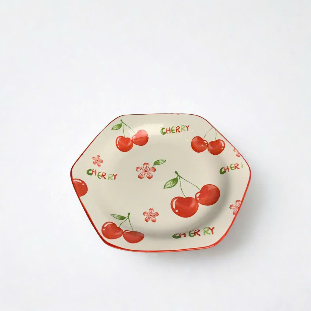 Đĩa lục giác sứ trắng họa tiết trái cherry dễ thương 8