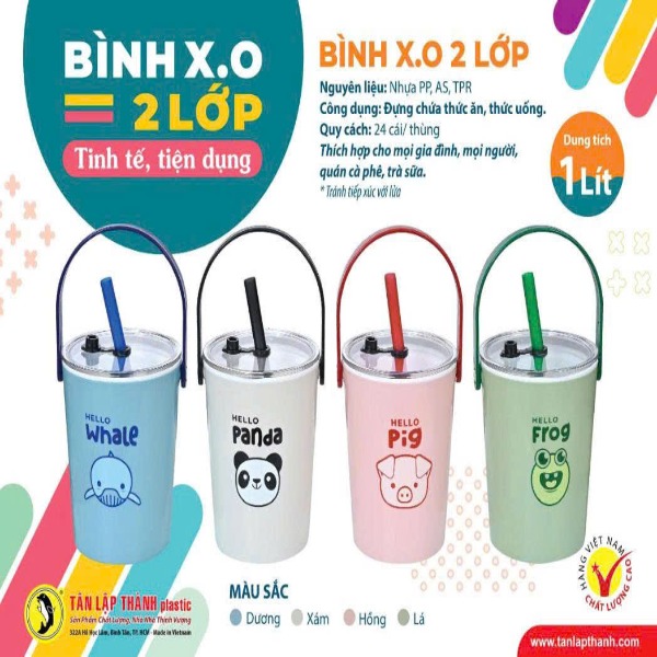 Bình đá mini X.O 2 lớp có quai xách và ống hút 1L TLT
