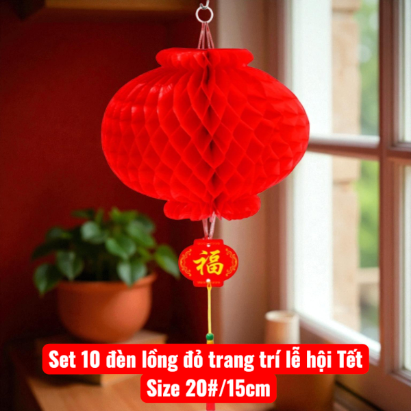 Set 10 đèn lồng đỏ trang trí lễ hội tết size 20#/15cm