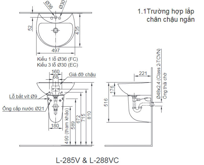 Lavabo chậu rửa mặt Inax L-285V treo tường + chân ngắn (L285V)