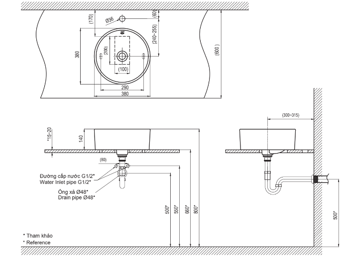 Bản vẽ kỹ thuật Lavabo chậu rửa mặt Inax AL-295V đặt bàn sứ chống bám bẩn Aquaceramic (AL295V)