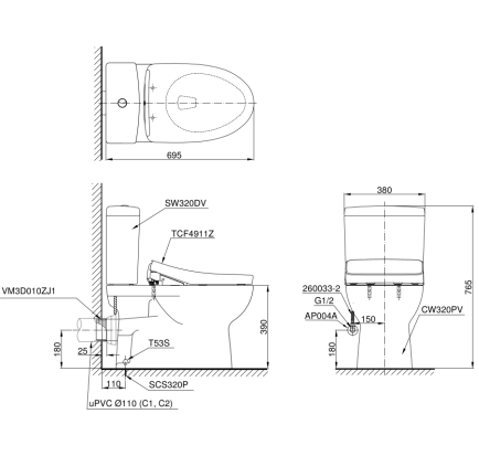 Bản vẽ kỹ thuật Bồn cầu 2 khối Toto CS320PDRE2#W nắp rửa TCW07S