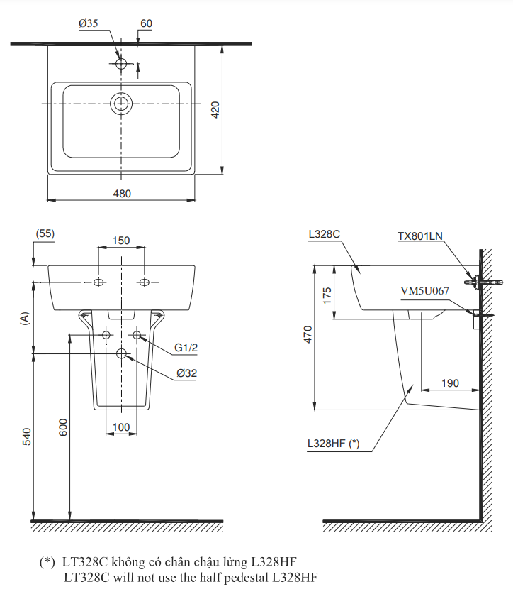 Bản vẽ kỹ thuật Lavabo chậu rửa mặt Toto LHT328C#XW treo tường chân ngắn