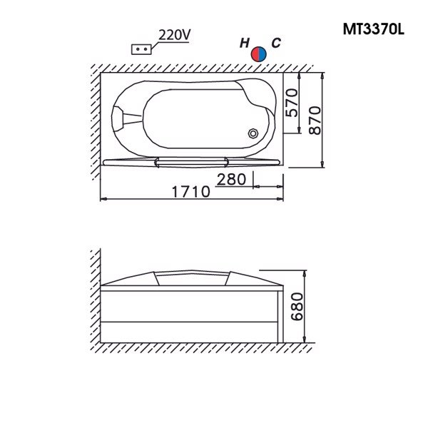 Bồn tắm dài Caesar MT3370 massage (loại chân yếm)