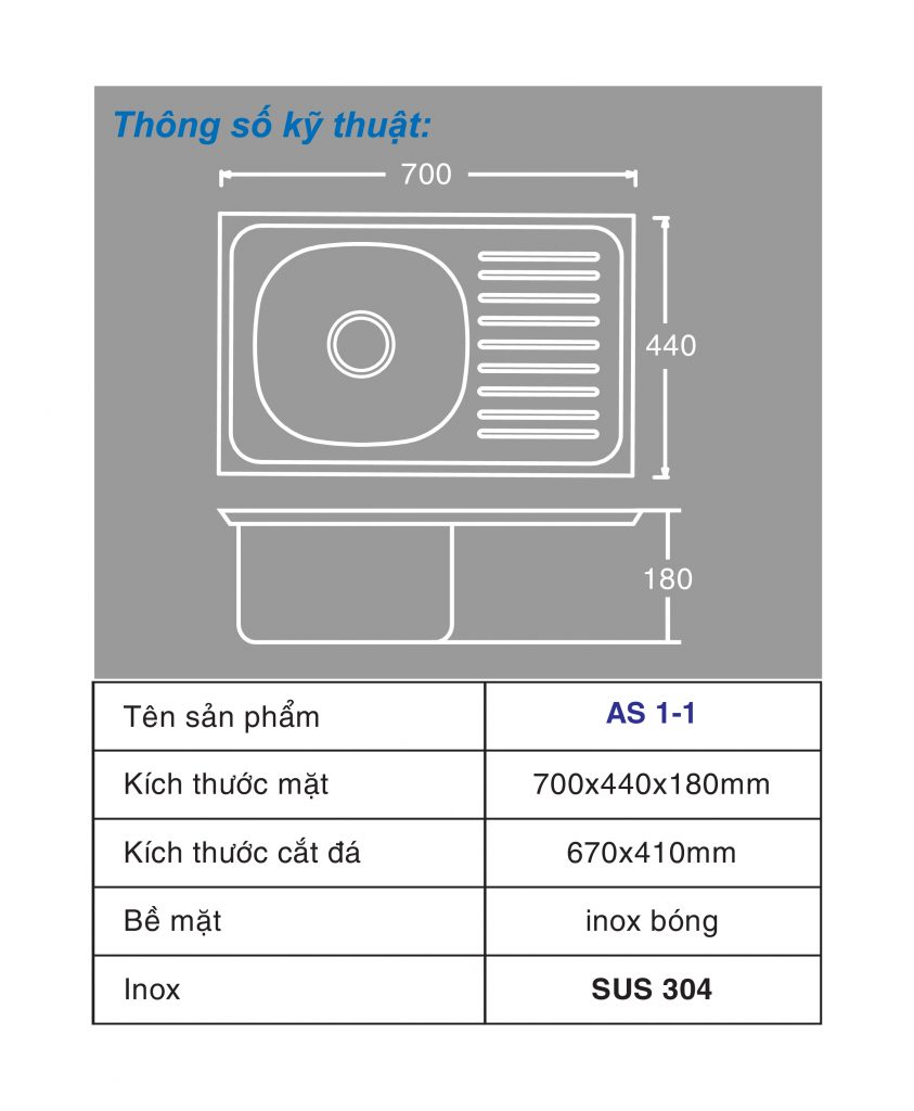 Chậu rửa chén Toàn Mỹ AS 1-1 Inox 304