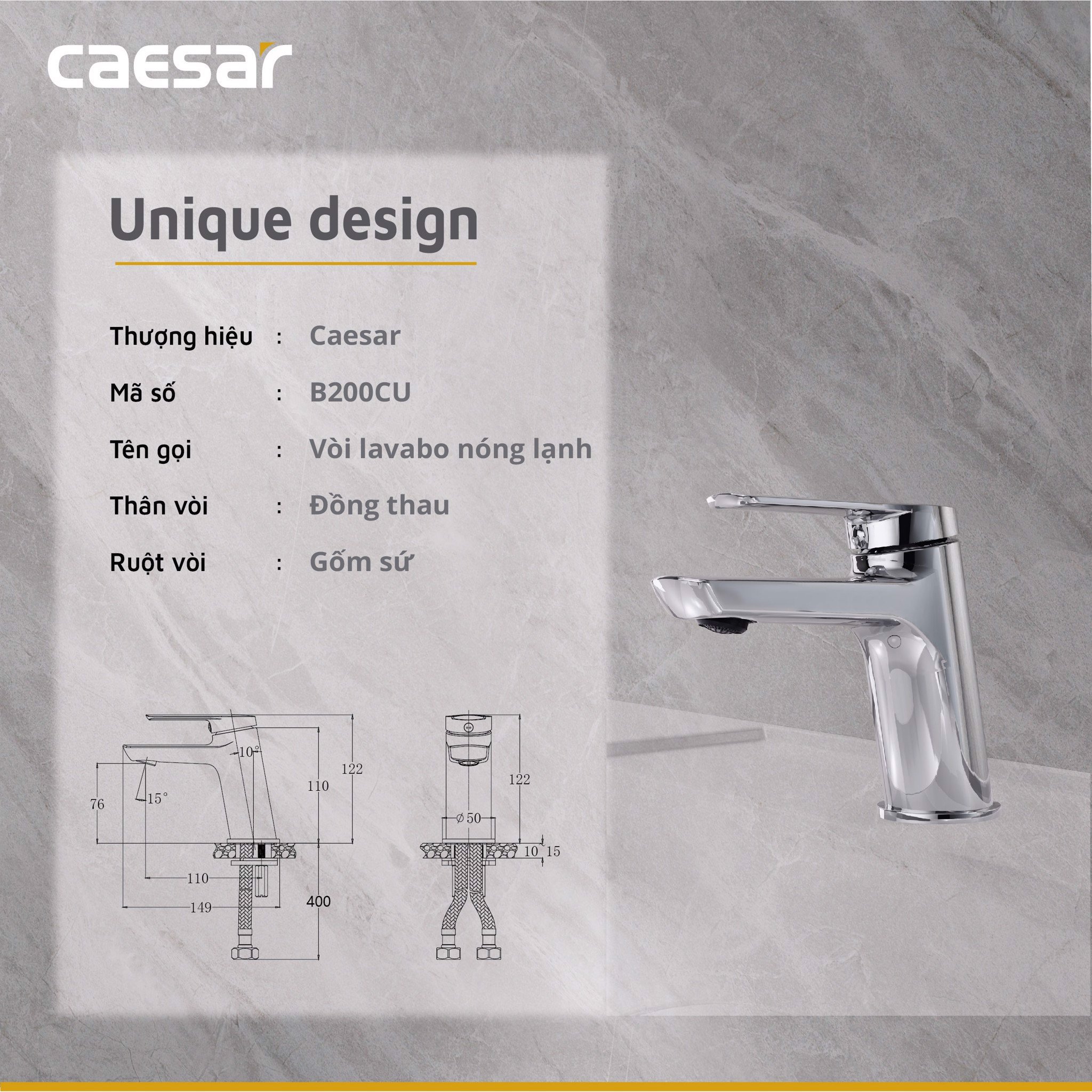 Vòi lavabo chậu rửa mặt Caesar B200CP/CU nóng lạnh