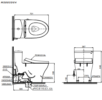 Bản vẽ kỹ thuật Bồn cầu 1 khối Toto MS855DE4 nắp rửa TCW1211A