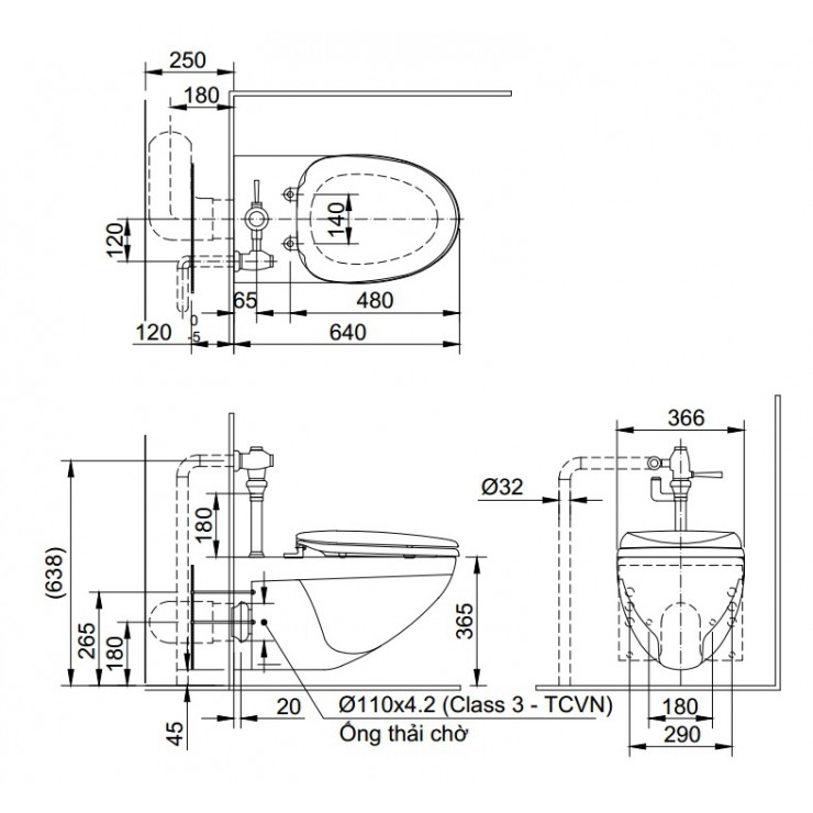 Bản vẻ kĩ thuật bồn cầu treo tường Inax AC-22P nắp rửa CW-KB22AVN