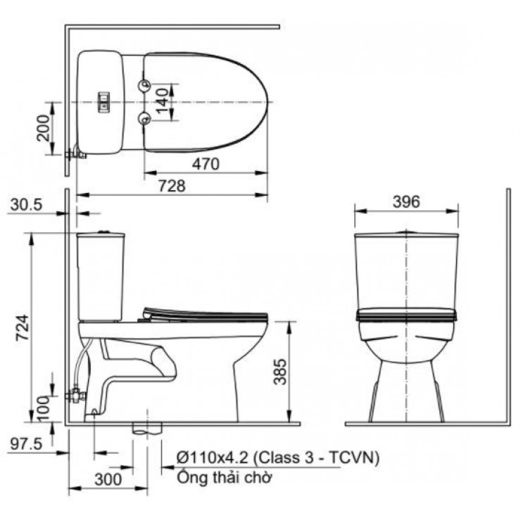 Bản vẽ Kỹ thuật bồn cầu 2 khối Inax AC-514VAN Sứ chống bám bẩn Aquaceramic