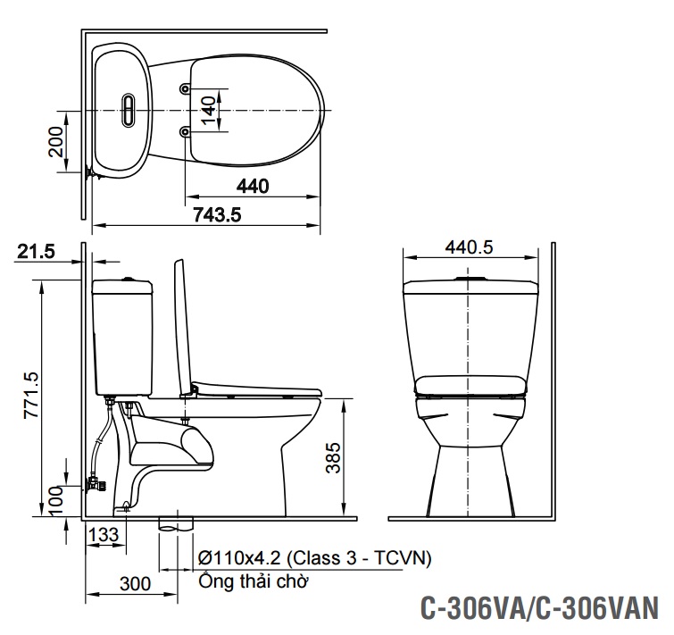 Bản vẽ kỹ thuật Bồn cầu 2 khối INAX C-306VA xả nhấn nắp thường (C306VA)