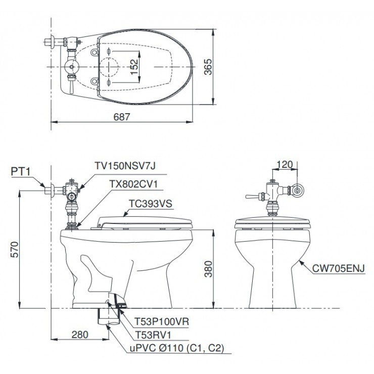 Bản vẽ kỹ thuật Bồn cầu xả gạt tay Toto CW705ENJ/TV150NSV7J