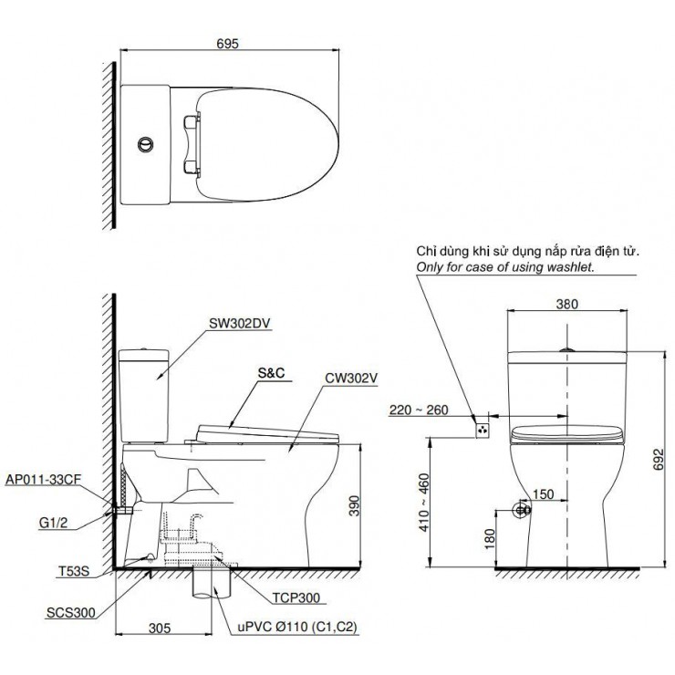 Bồn cầu 2 khối Toto CS302DT10#W nắp êm