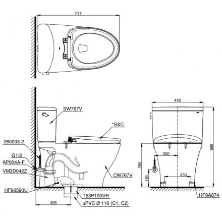 Bản vẽ thiết kế Bồn cầu 2 khối Toto CS767RT3#XW nắp êm sứ chống bám bẩn