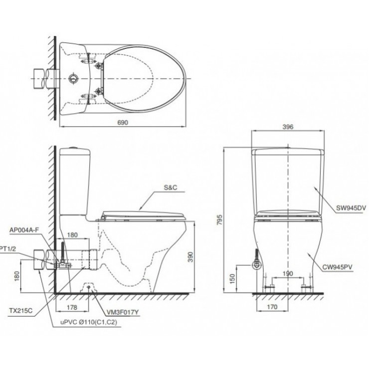 Bồn cầu 2 khối TOTO CS945PDT10#XW thoát ngang