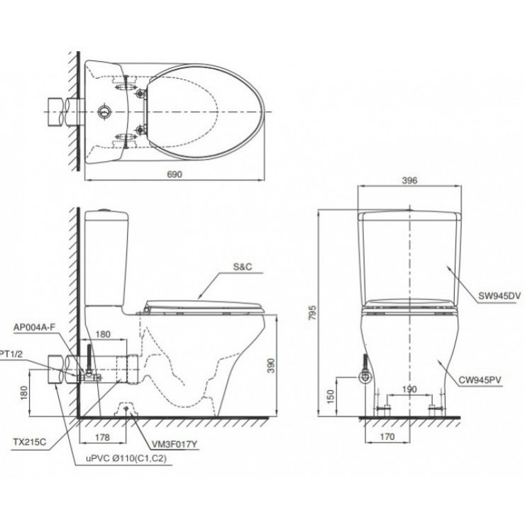 Bồn cầu 2 khối Toto CS945PDT10#XW thoát ngang