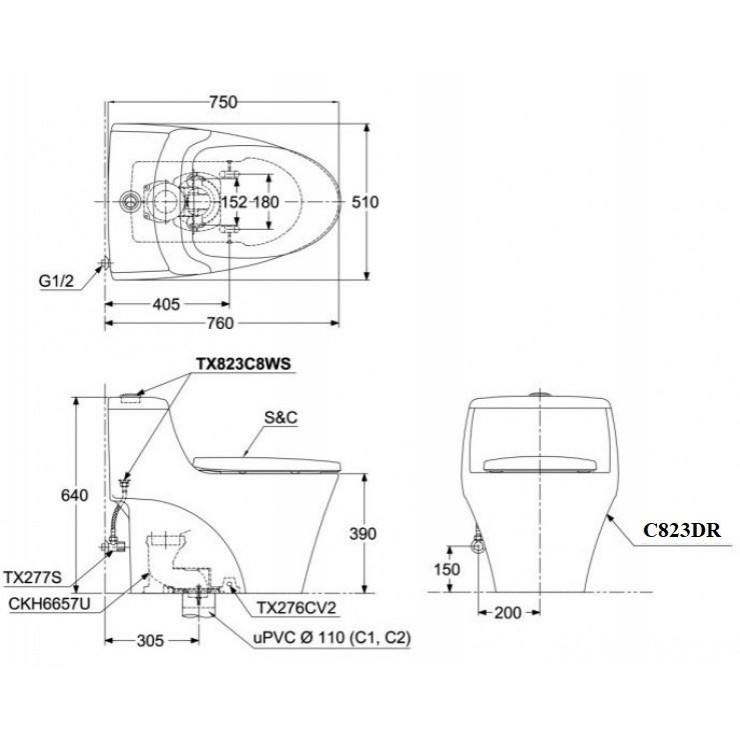 Bản vẽ kỹ thuật Bồn cầu 2 khối TOTO CS326DE4#XW nắp rửa TCW1211A