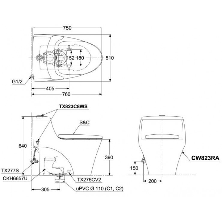 Bồn cầu 1 khối TOTO MS823DRE2#XW nắp rửa TCW07S