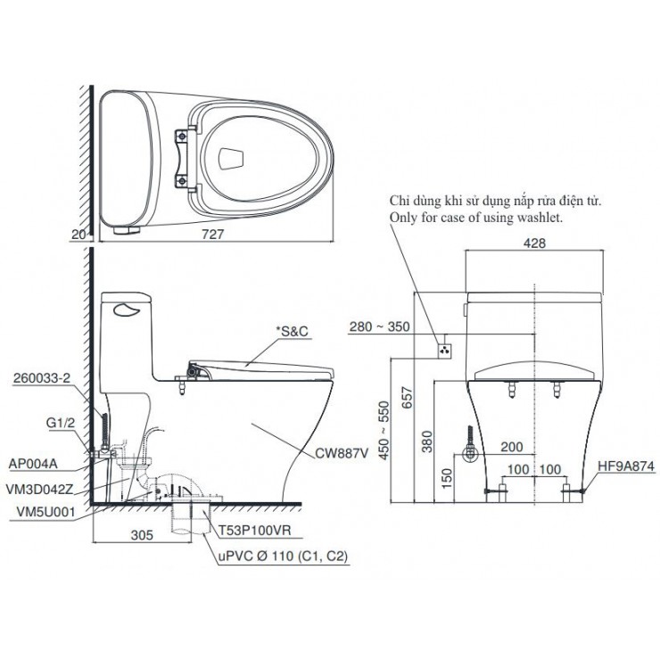 Bồn cầu 1 khối TOTO MS887RE2 nắp rửa TCW07S
