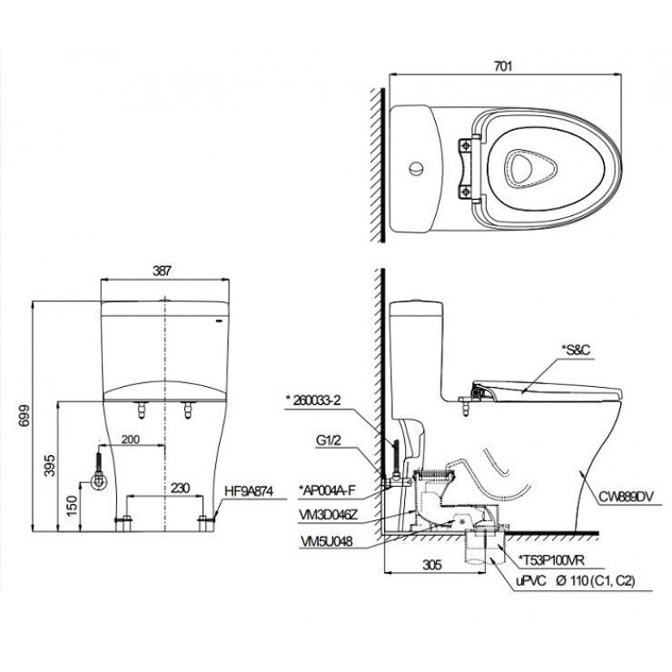 Bản vẽ Bồn cầu 1 khối TOTO MS889DRE2 nắp rửa TCW07S