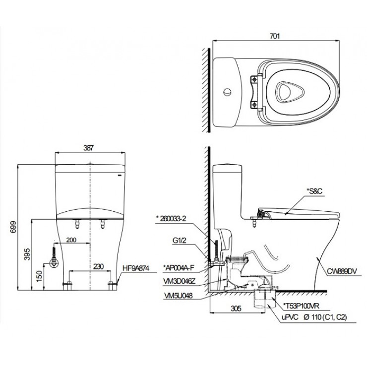 Bản vẽ kỹ thuật Bồn cầu 1 khối Toto MS889DRE4 nắp rửa TCW1211A