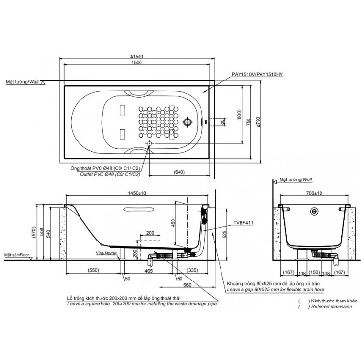 Bản vẽ kỹ thuật Bồn tắm yếm Toto PAY1525VC/TVBF411 dài 1m5