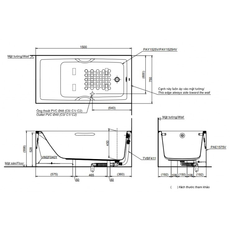 Bản vẽ kỹ thuật Bồn tắm yếm TOTO PAY1525HVC/TVBF411 dài 1m5