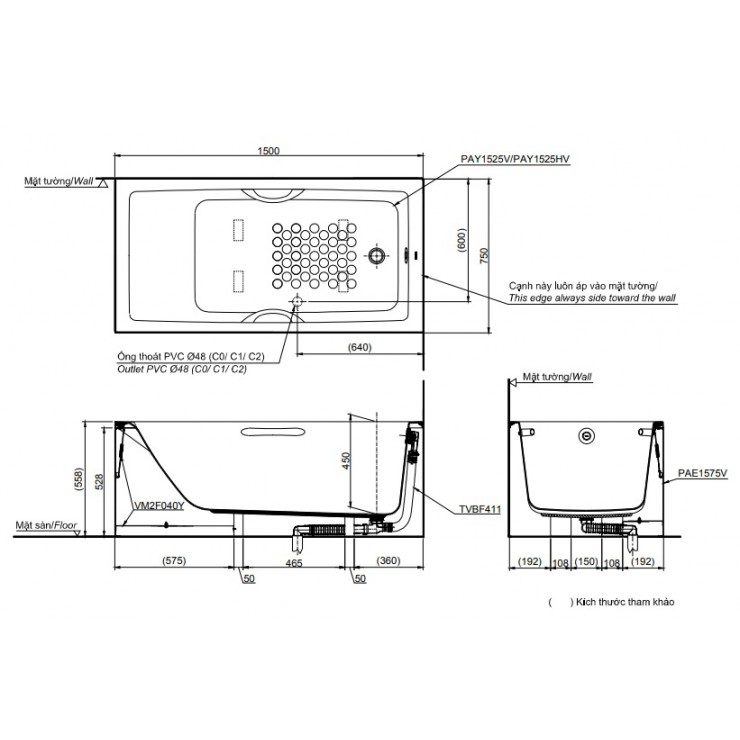 Bản vẽ kỹ thuật Bồn tắm yếm Toto PAY1525HVC/TVBF411 dài 1m5