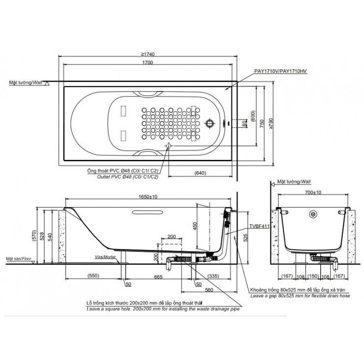 Bản vẽ kỹ thuật Bồn tắm xây Toto PAY1710V/TVBF411 dài 1m7