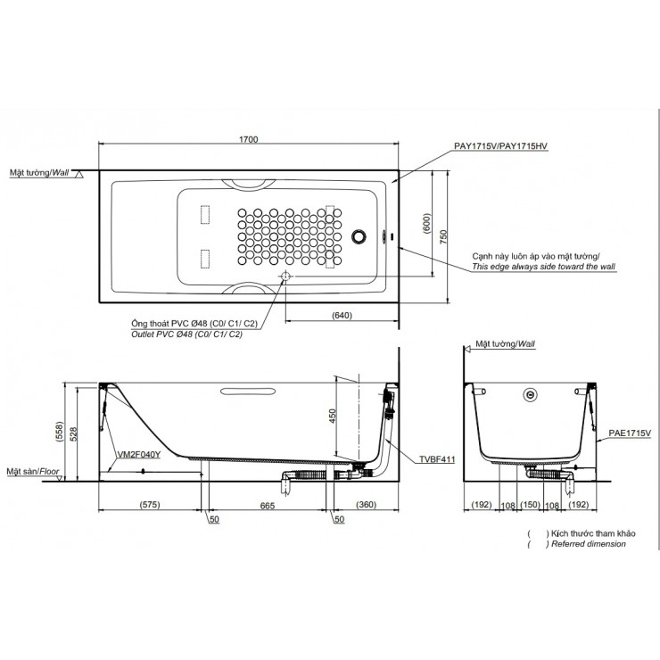 Bản vẽ kỹ thuật Bồn tắm yếm Toto PAY1715VC/TVBF411 dài 1m7