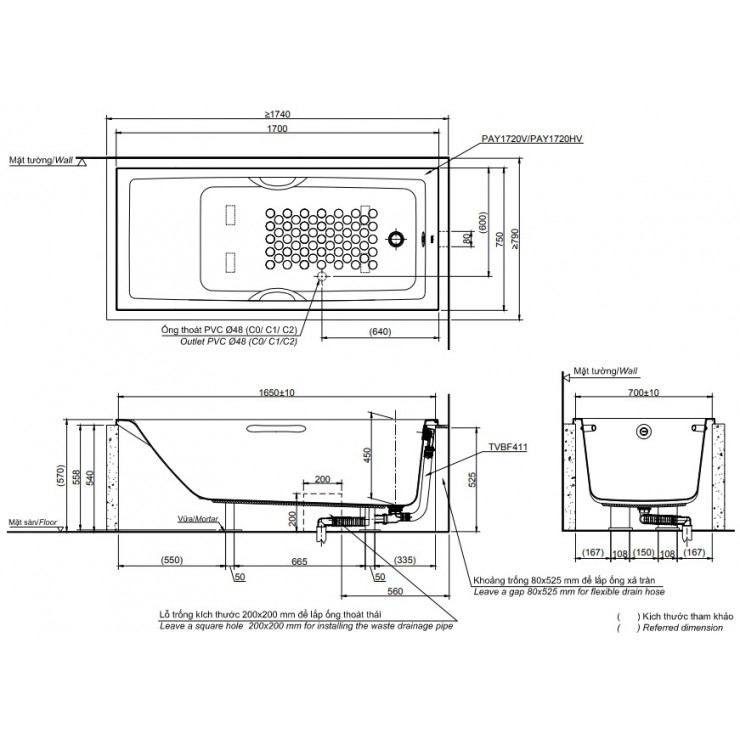 Bản vẽ kỹ thuật Bồn tắm xây Toto PAY1720HV/TVBF411 dài 1m7