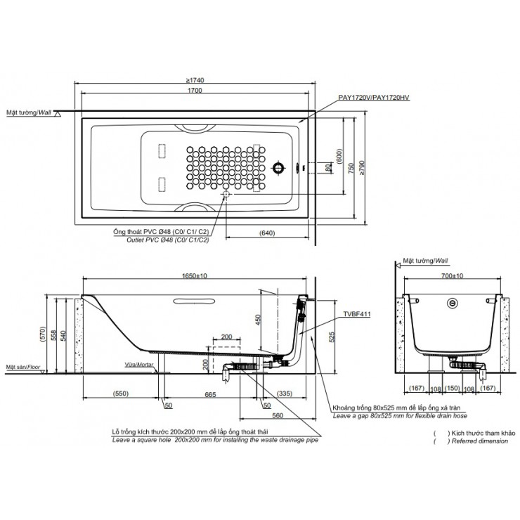 Bản vẽ kỹ thuật Bồn tắm xây TOTO PAY1720V/TVBF411 dài 1m7