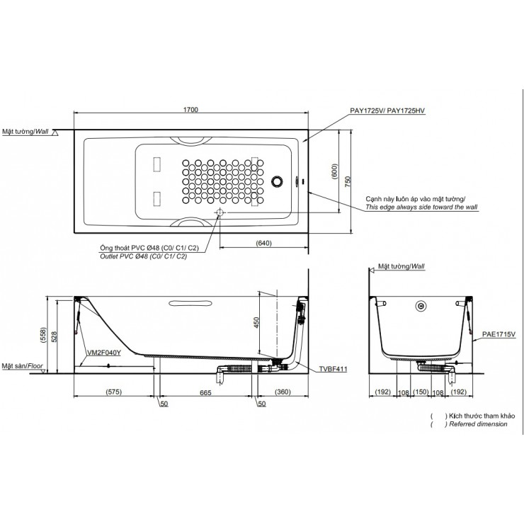 Bản vẽ kỹ thuật Bồn tắm yếm Toto PAY1725HVC/TVBF411 dài 1m7 có tay vịn