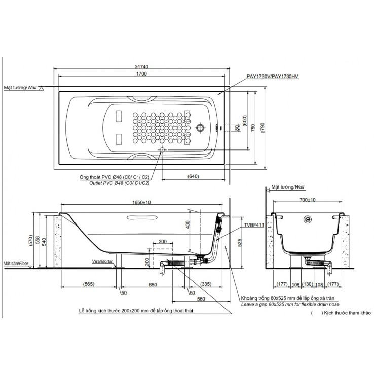 Bản vẽ kỹ thuật Bồn tắm xây Toto PAY1730HV/TVBF411 dài 1m7 có tay vịn