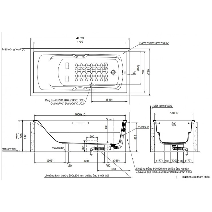 Bản vẽ kỹ thuật Bồn tắm xây Toto PAY1730V/TVBF411 dài 1m7