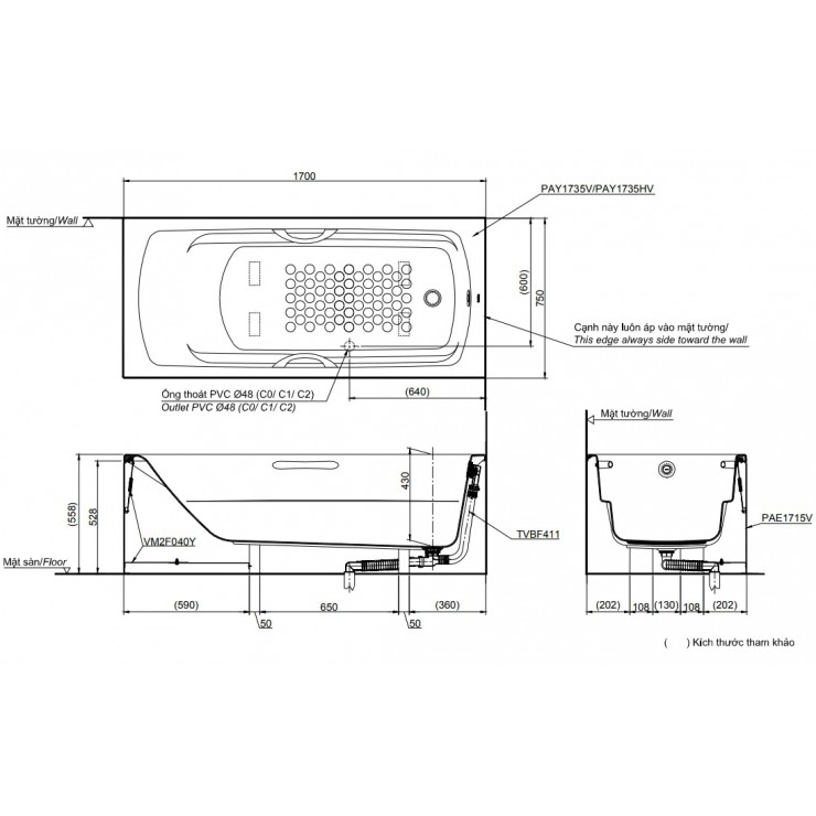 Bản vẽ kỹ thuật Bồn tắm yếm Toto PAY1735VC/TVBF411 dài 1m7