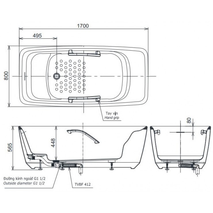 Bản vẽ Bồn tắm lập thể Toto PJY1724HPWEN#GW dài 1m7 đá cẩm thạch nhân tạo cao cấp