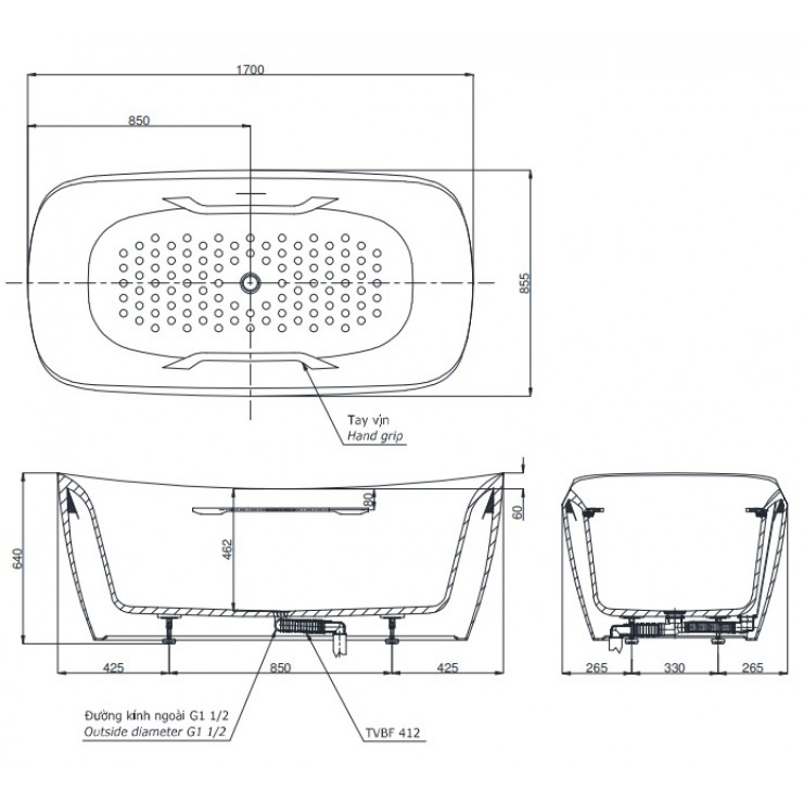 Bản vẽ Bồn tắm lập thể Toto PJY1734PWEN#GW dài 1m7