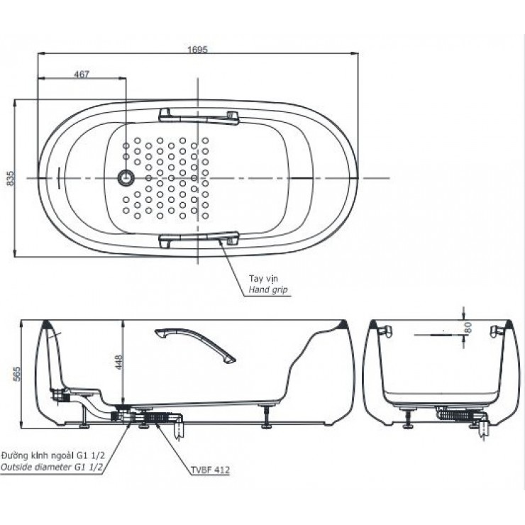 Bản vẽ Bồn tắm lập thể Toto PJY1744HPWEN#GW dài 1m7 đá cẩm thạch nhân tạo cao cấp