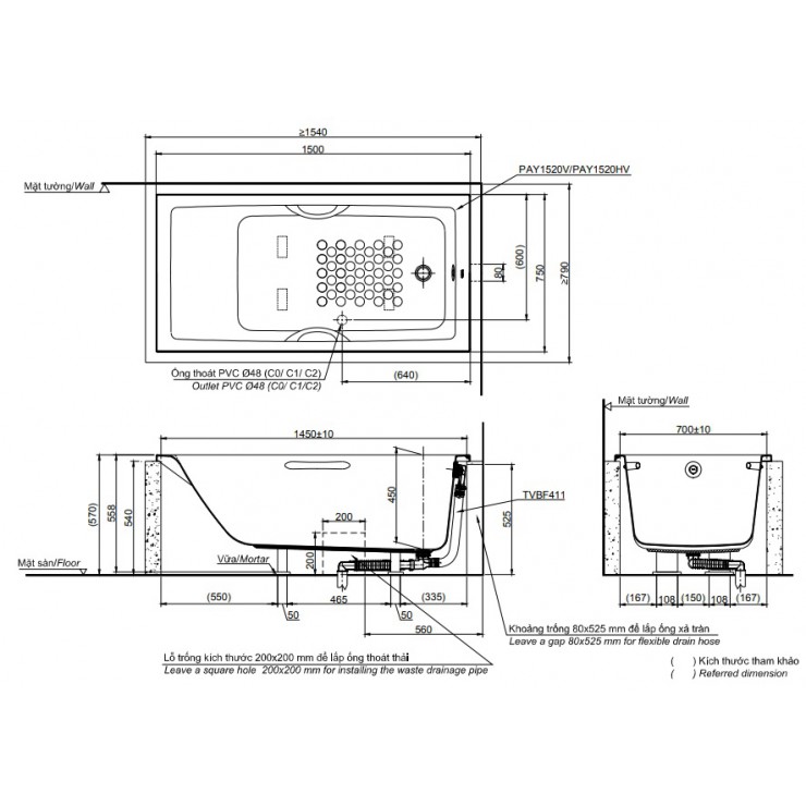 Bản vẽ kỹ thuật Bồn tắm xây Toto PAY1520HV/TVBF411 dài 1m5 có tay vịn