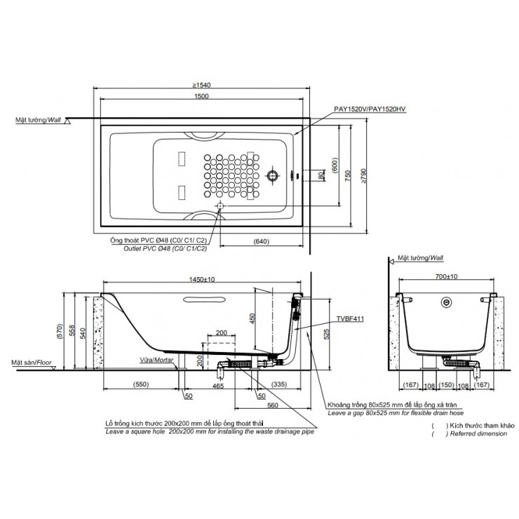Bản vẽ kỹ thuật Bồn tắm xây Toto PAY1520V/TVBF411 dài 1m5